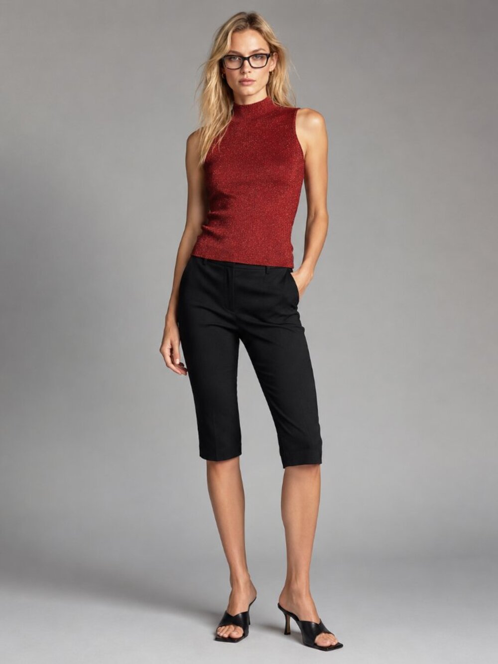 Viscose Red Sleeveless Turtleneck Jersey Top Metallic Shimmer